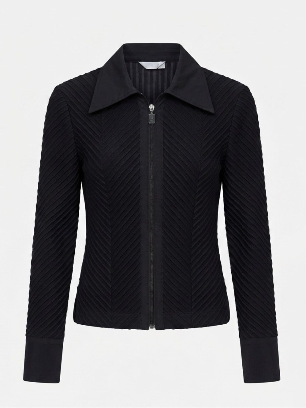 Joseph Ribkoff Black Chevron Zip-Front Textured Top / Fits Medium (Tag 14)
